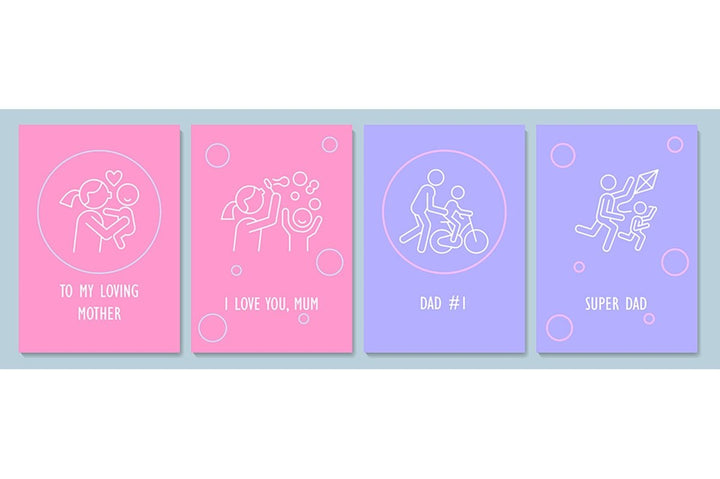 Mothers and fathers day postcard with linear glyph icon set