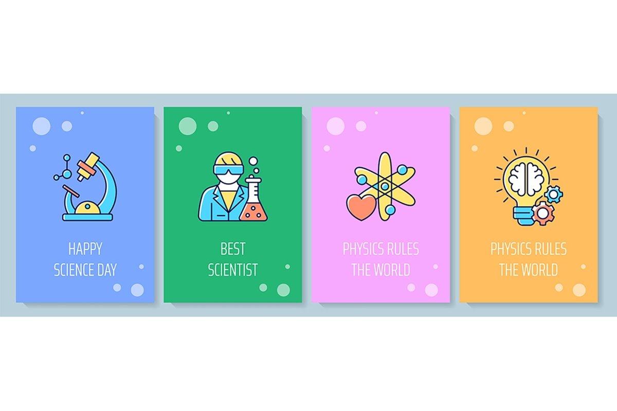 National science day celebration greeting card with color icon element set