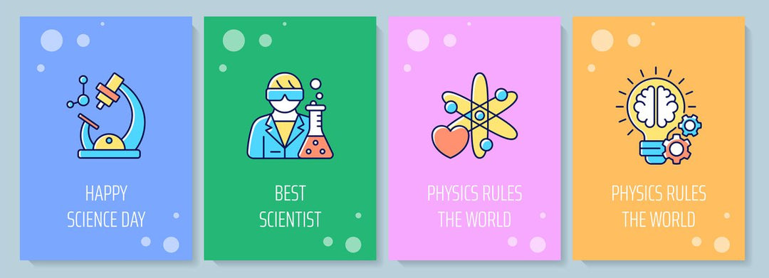 National science day celebration greeting card with color icon element set
