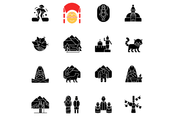 Nepal cultural heritage black glyph icons set