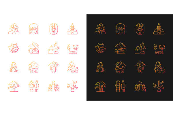 Nepal cultural heritage gradient icons set