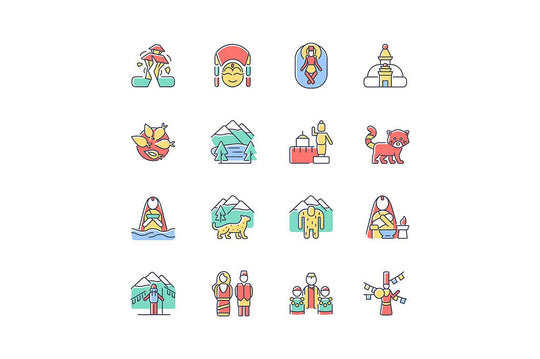 Nepal cultural heritage RGB color icons set