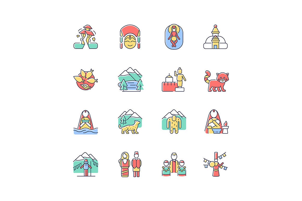 Nepal cultural heritage RGB color icons set