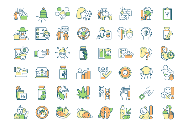 Neurodevelopmental disorder RGB color icons set
