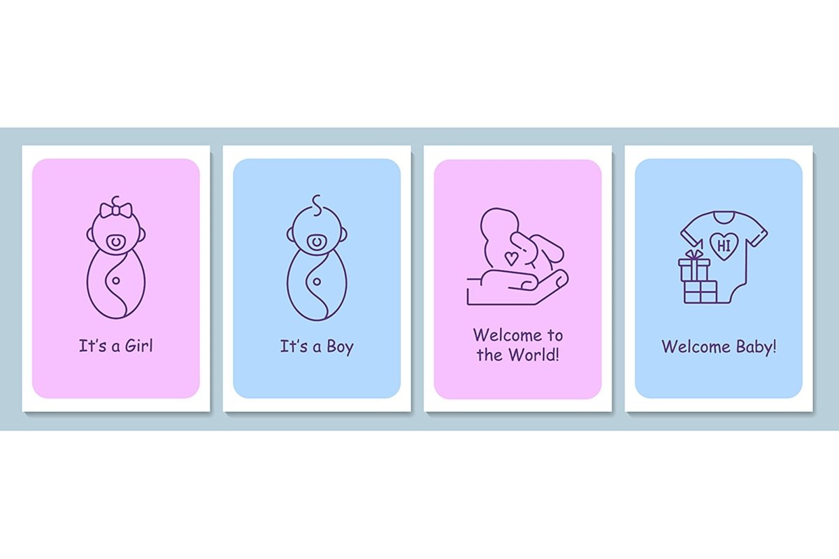 New baby welcoming event postcards with linear glyph icon set