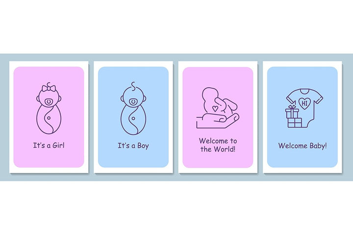 New baby welcoming event postcards with linear glyph icon set