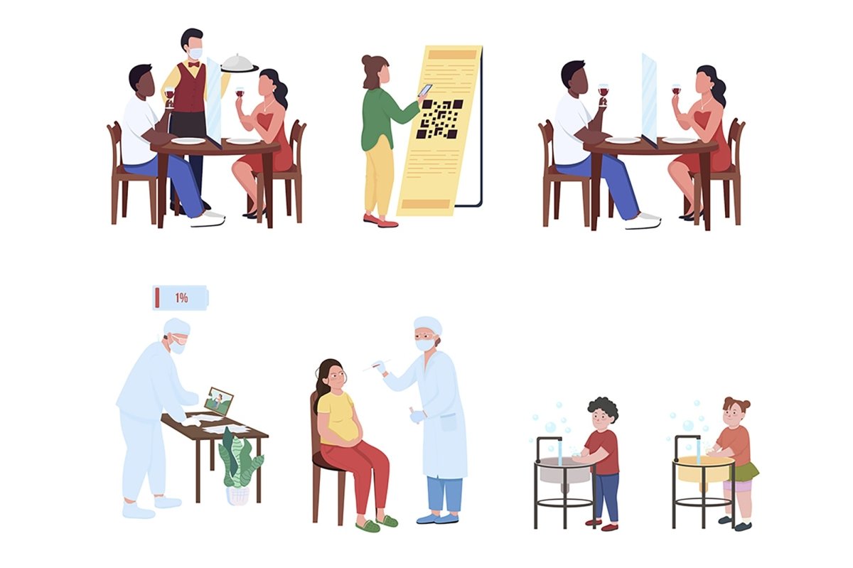 New normal lifestyle during covid lockdown flat color vector illustration set
