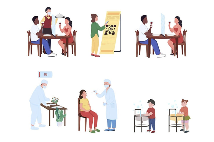 New normal lifestyle during covid lockdown flat color vector illustration set