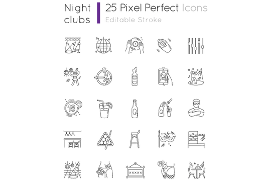 Night club pixel perfect linear icons set
