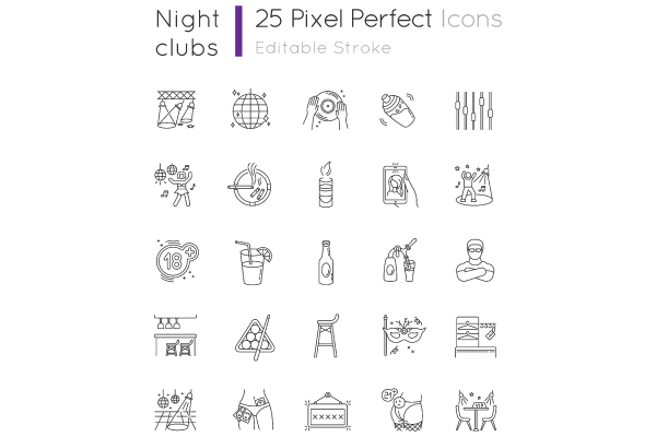 Night club pixel perfect linear icons set