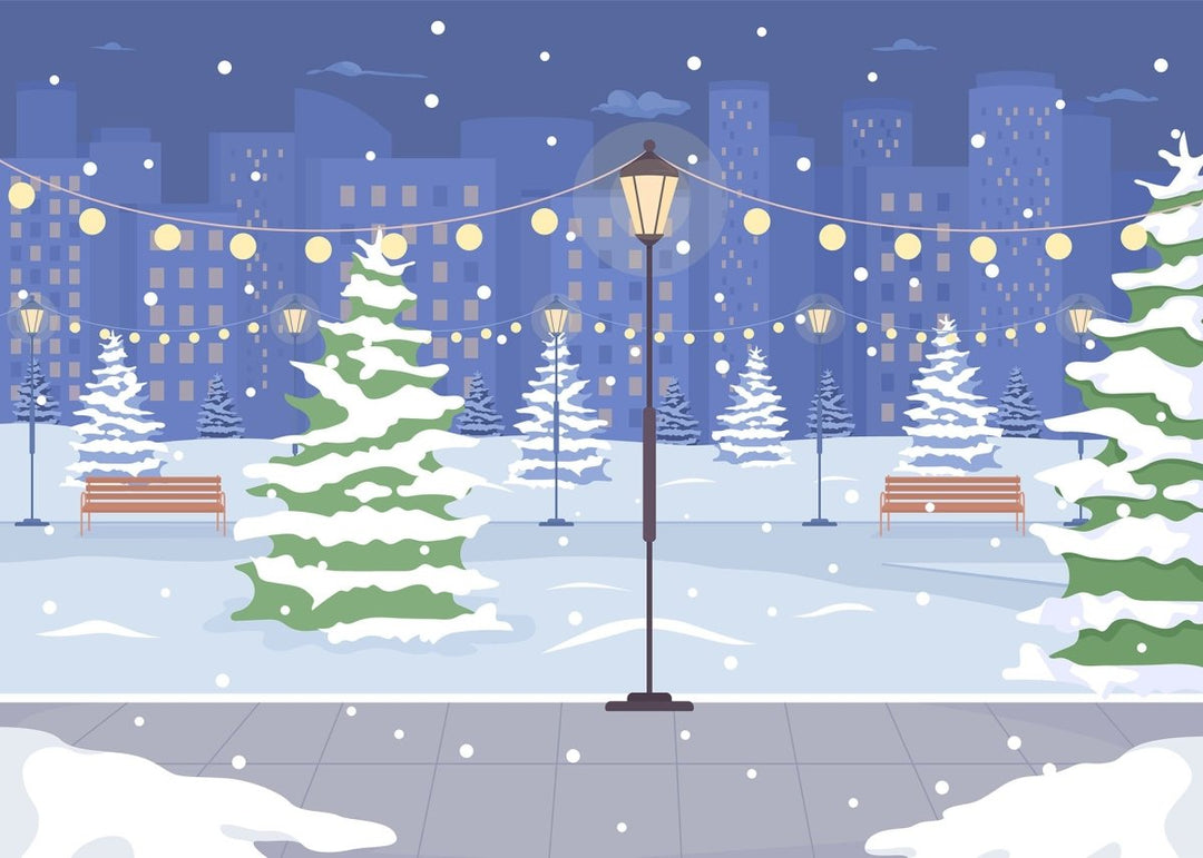 Night winter park with street light flat color vector illustration