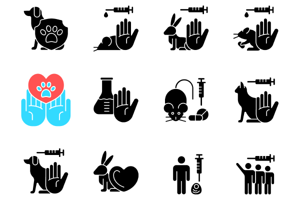 No animal testing black glyph icons set on white space