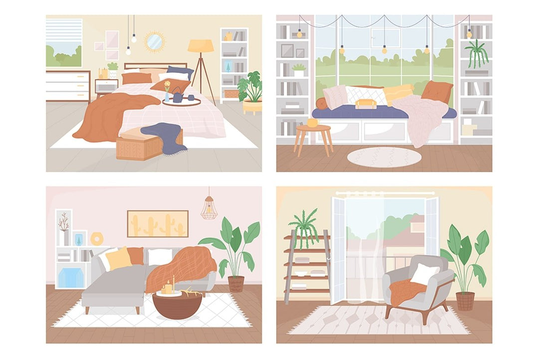 Nordic style home flat color vector illustration set