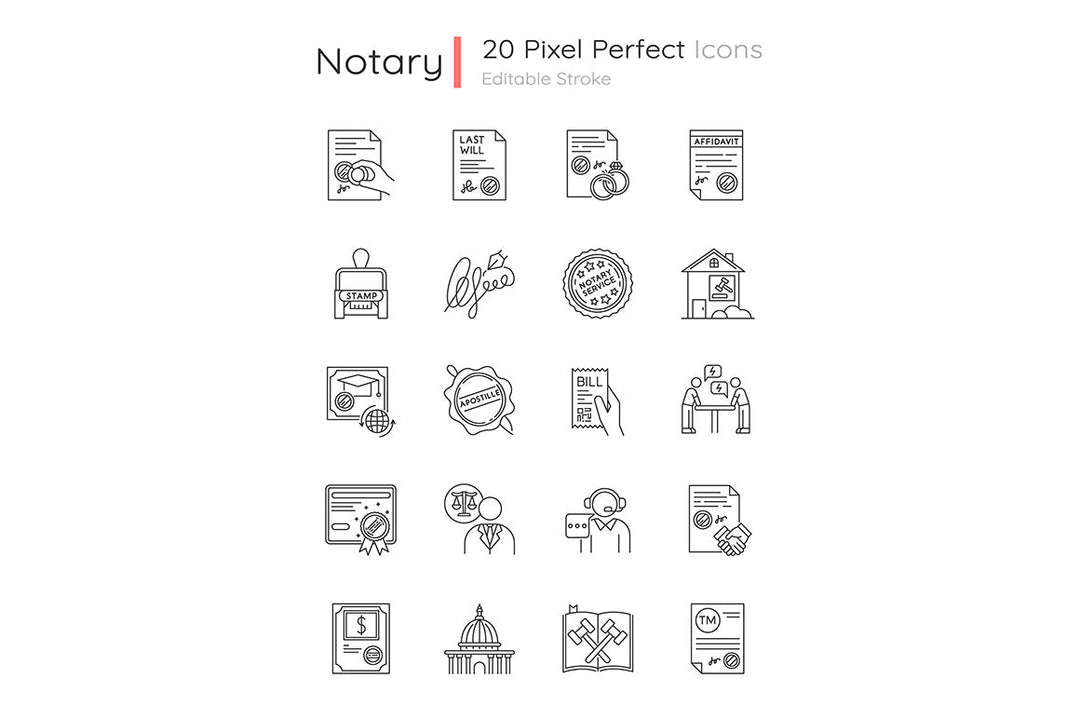 Notary services pixel perfect linear icons set