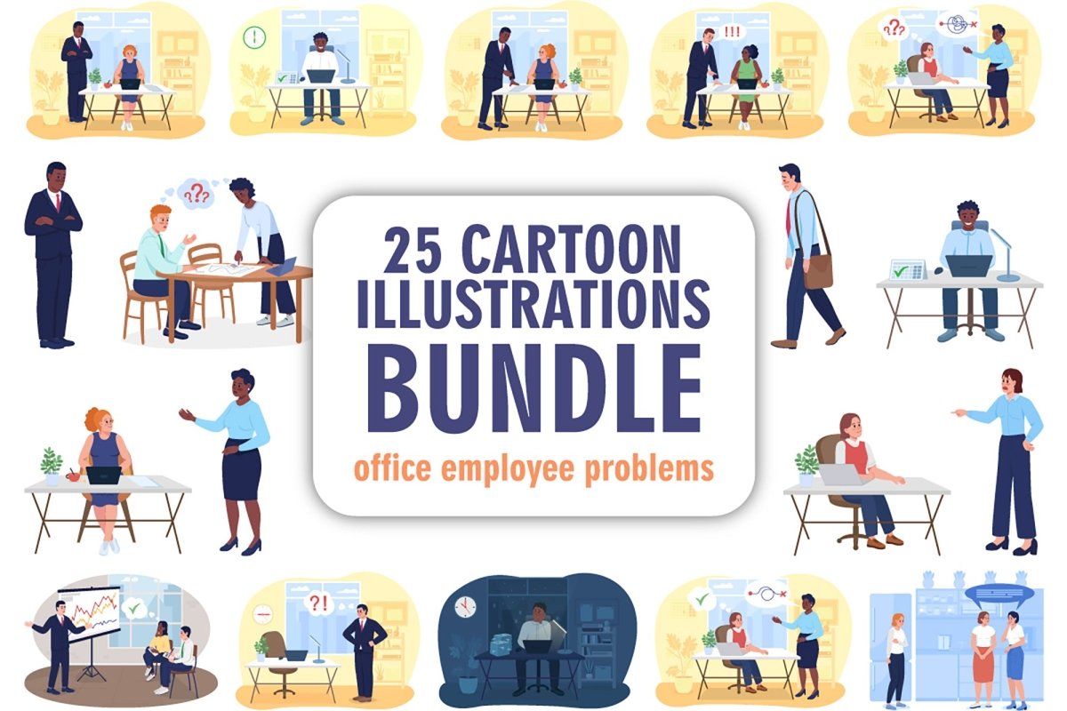 Office life 2D vector isolated illustration bundle