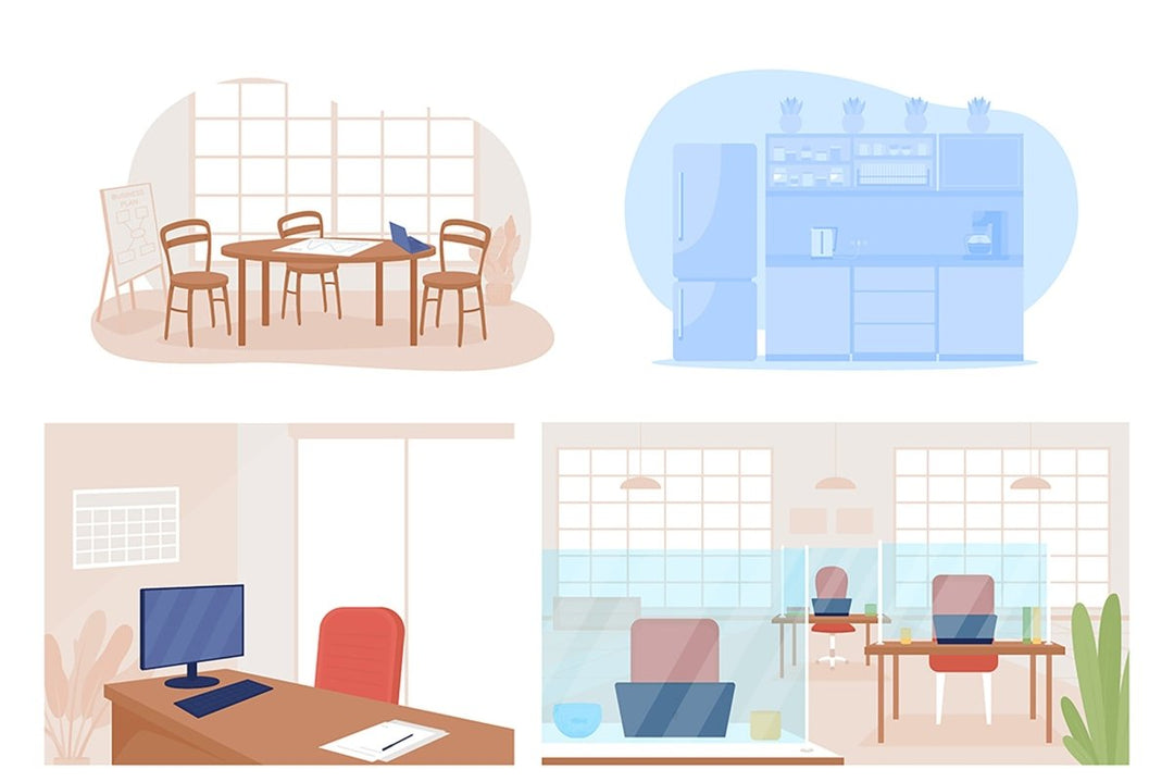 Office post covid flat color vector illustrations