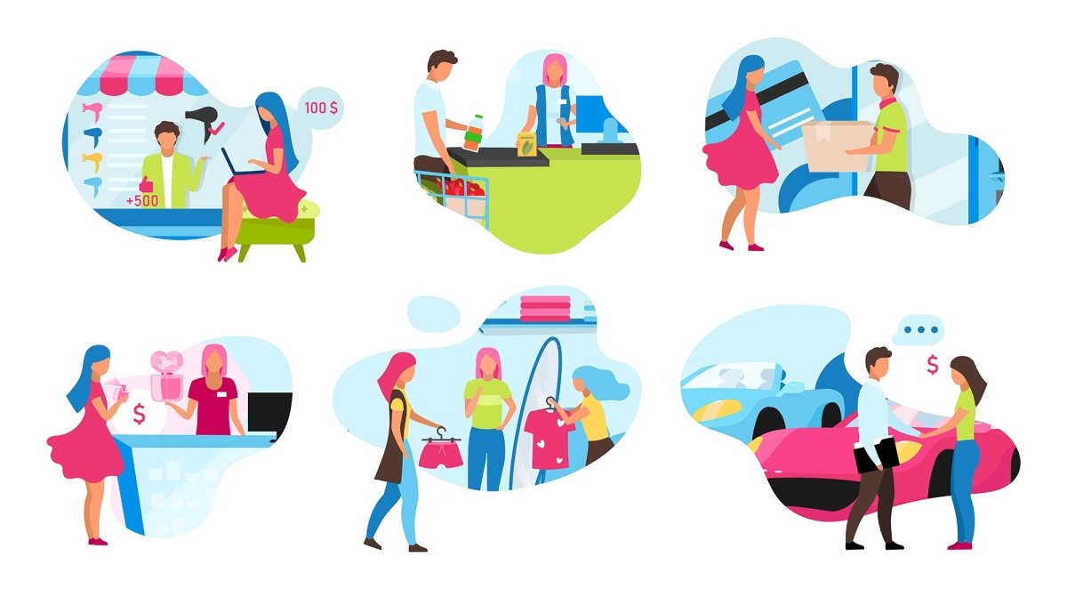 Online and store shopping flat concept icons set