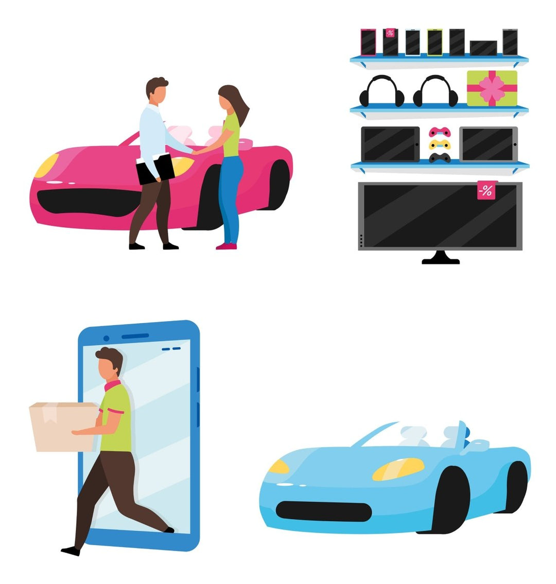 Online and store shopping flat illustration set