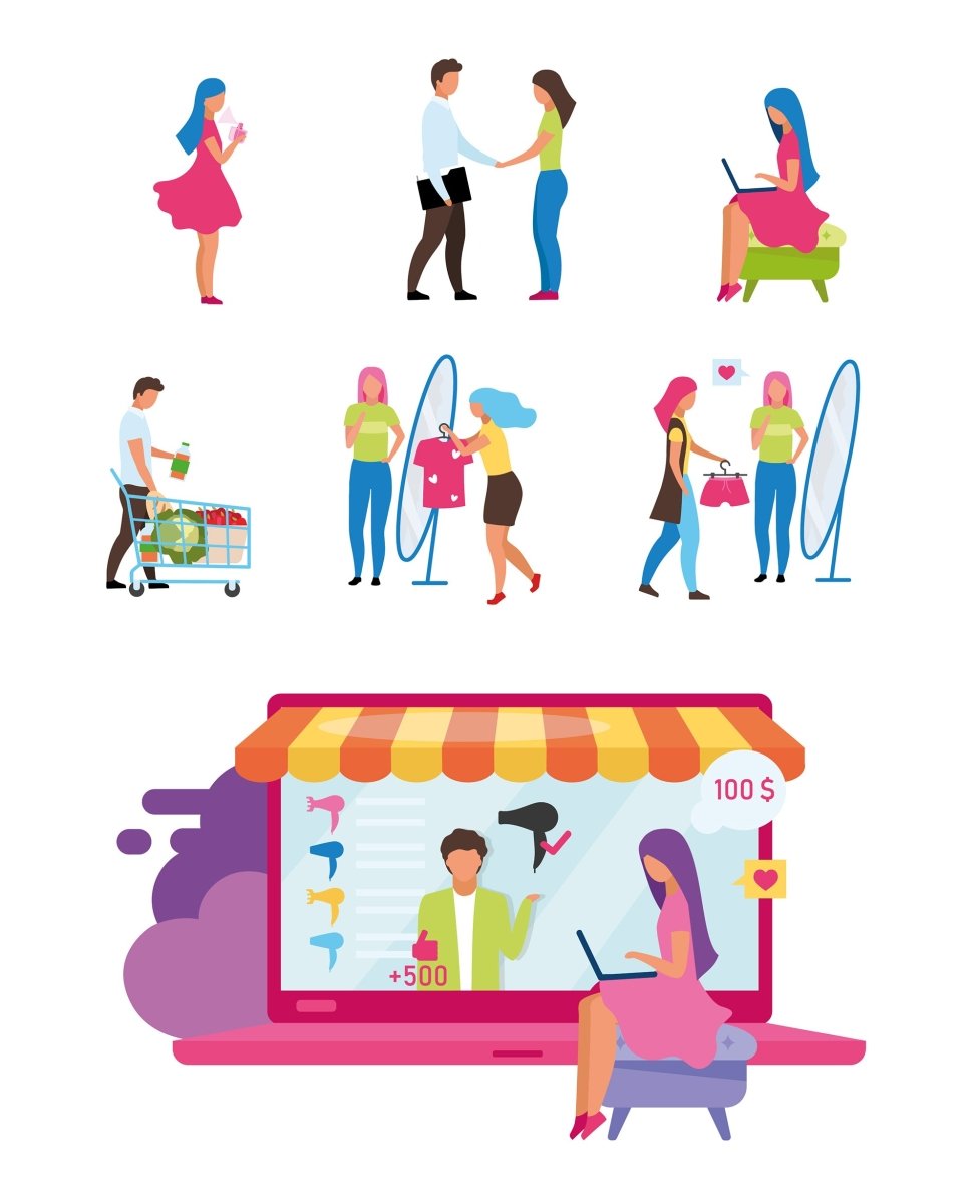 Online and store shopping flat illustrations