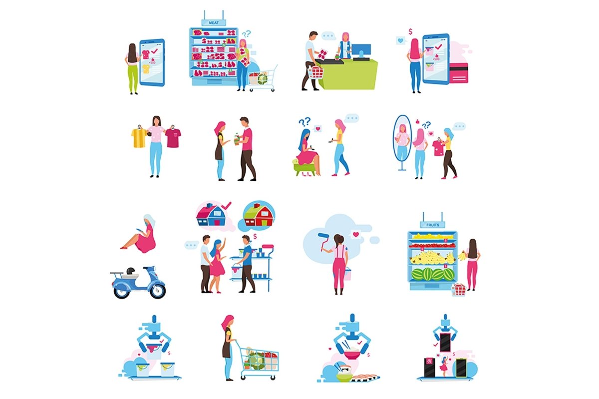 Online and store shopping flat illustrations set