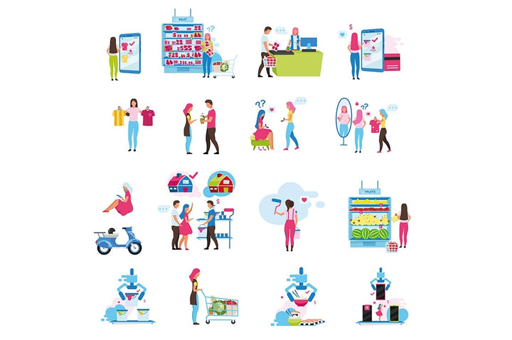 Online and store shopping flat illustrations set
