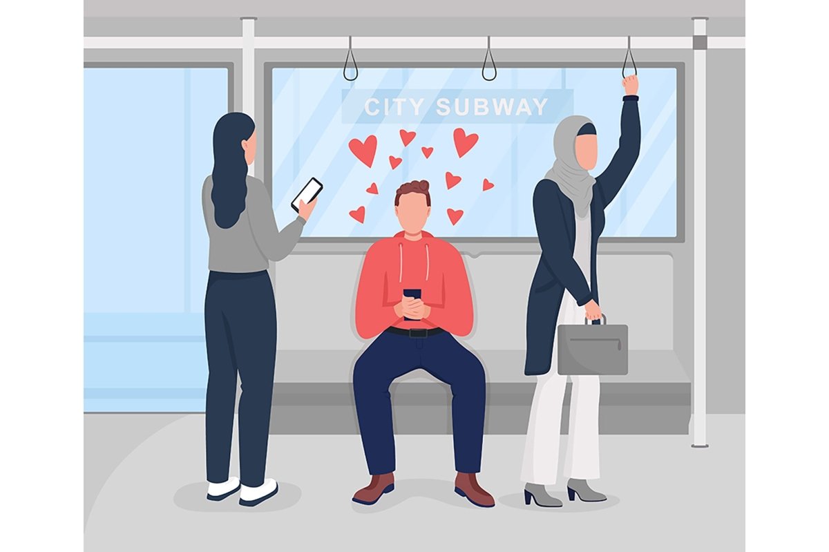 Online chatting with partner on underground flat color vector illustrations set