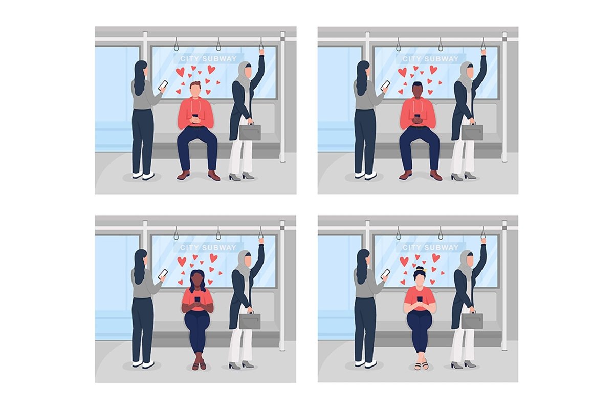 Online chatting with partner on underground flat color vector illustrations set