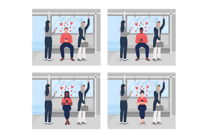 Online chatting with partner on underground flat color vector illustrations set