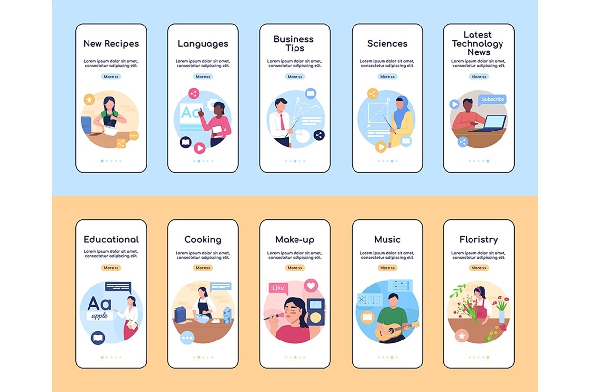 Online classes onboarding mobile app screen flat vector templates