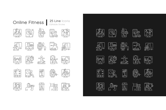 Online fitness apps linear icons set for dark and light mode