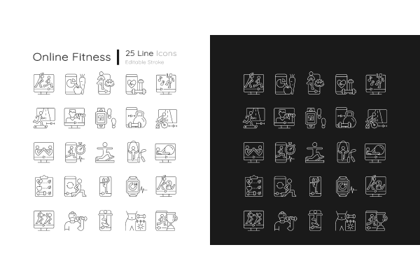 Online fitness apps linear icons set for dark and light mode