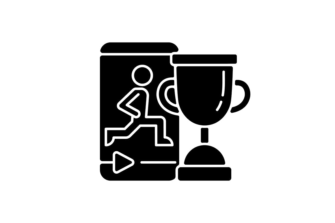 Online fitness apps possibilities black glyph icons set on white space.