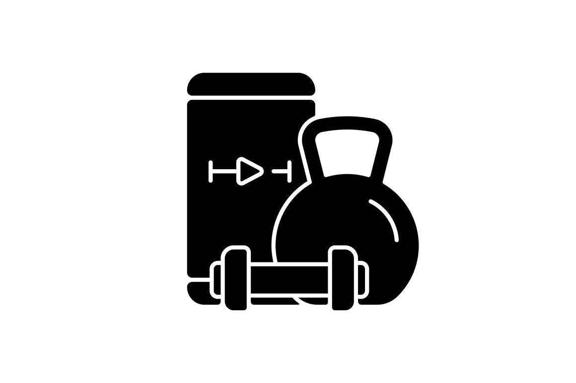 Online fitness apps possibilities black glyph icons set on white space.