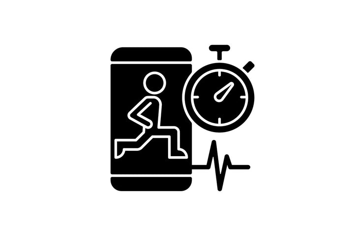 Online fitness apps possibilities black glyph icons set on white space.