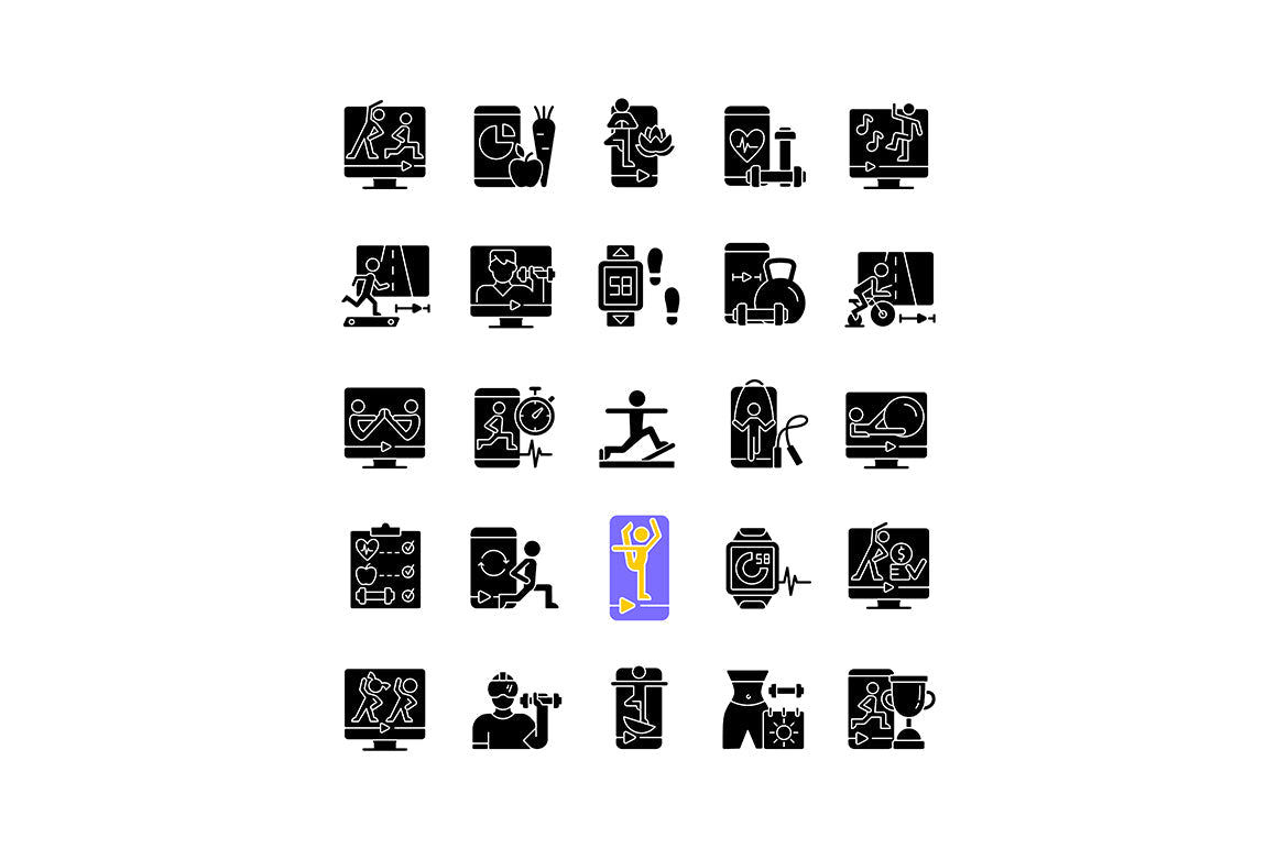 Online fitness apps possibilities black glyph icons set on white space.