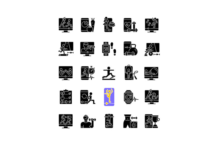 Online fitness apps possibilities black glyph icons set on white space.