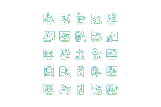 Online fitness apps possibilities gradient linear vector icons set