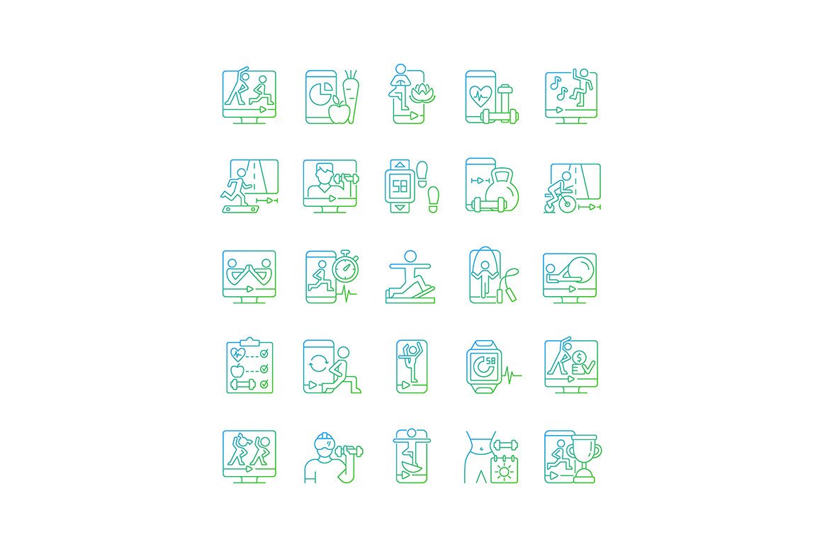 Online fitness apps possibilities gradient linear vector icons set