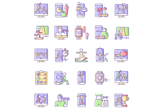 Online fitness apps possibilities RGB color icons set.