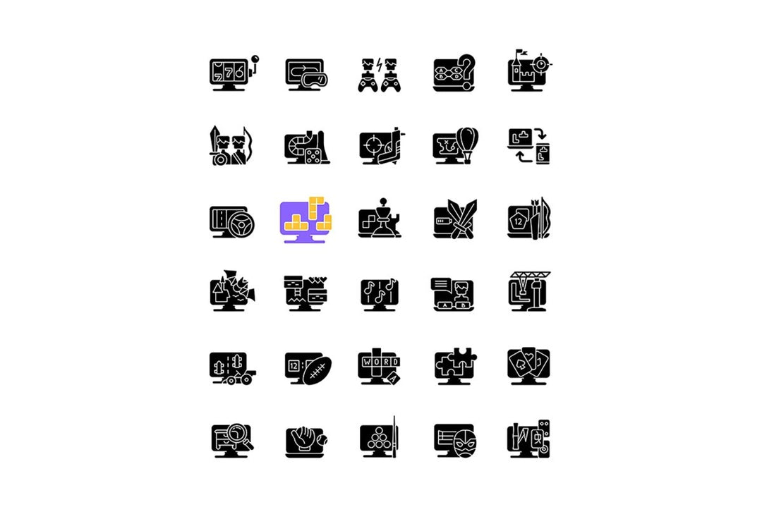 Online game types black glyph icons set on white space
