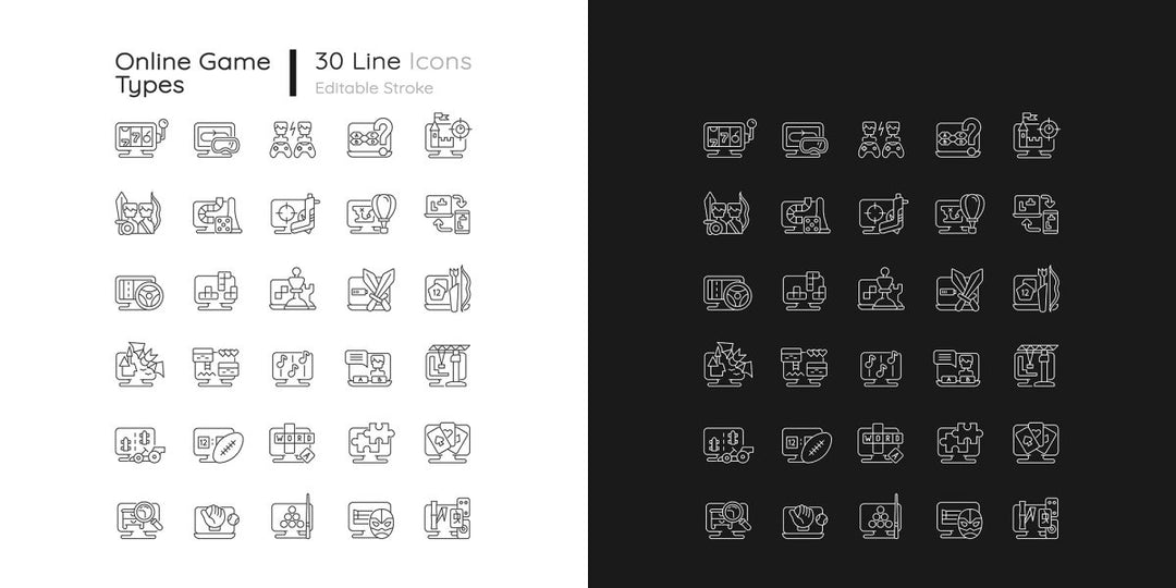 Online game types linear icons set for dark and light mode