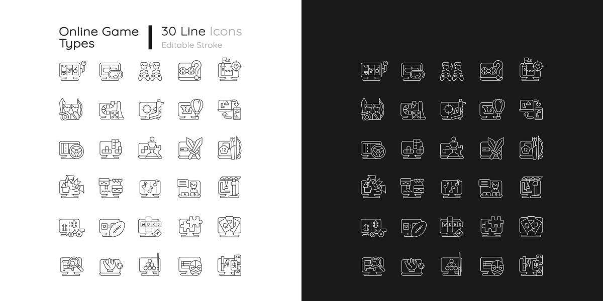Online game types linear icons set for dark and light mode