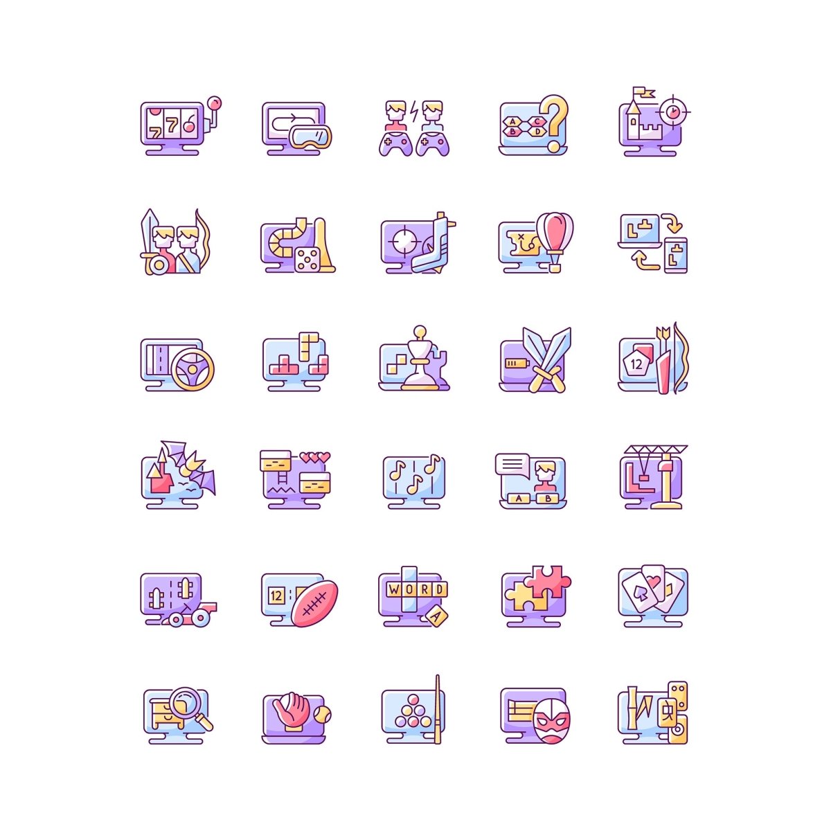 Online game types RGB color icons set