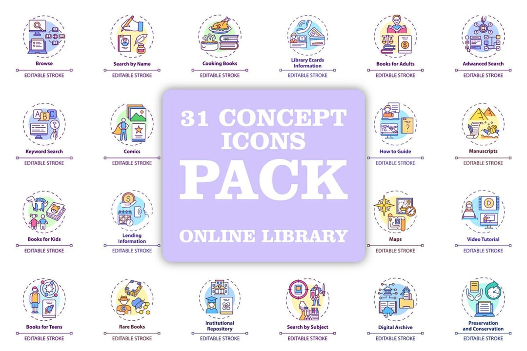 Online library concept icons bundle