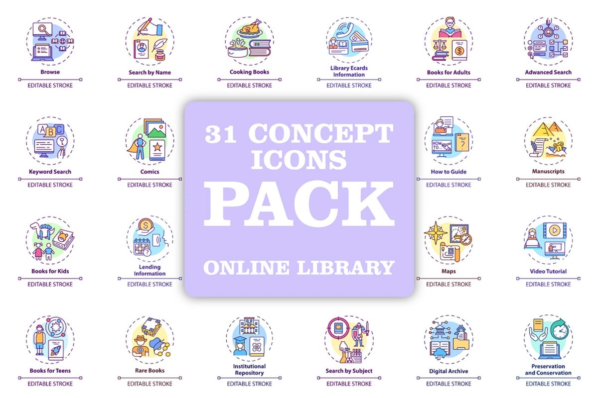 Online library concept icons bundle