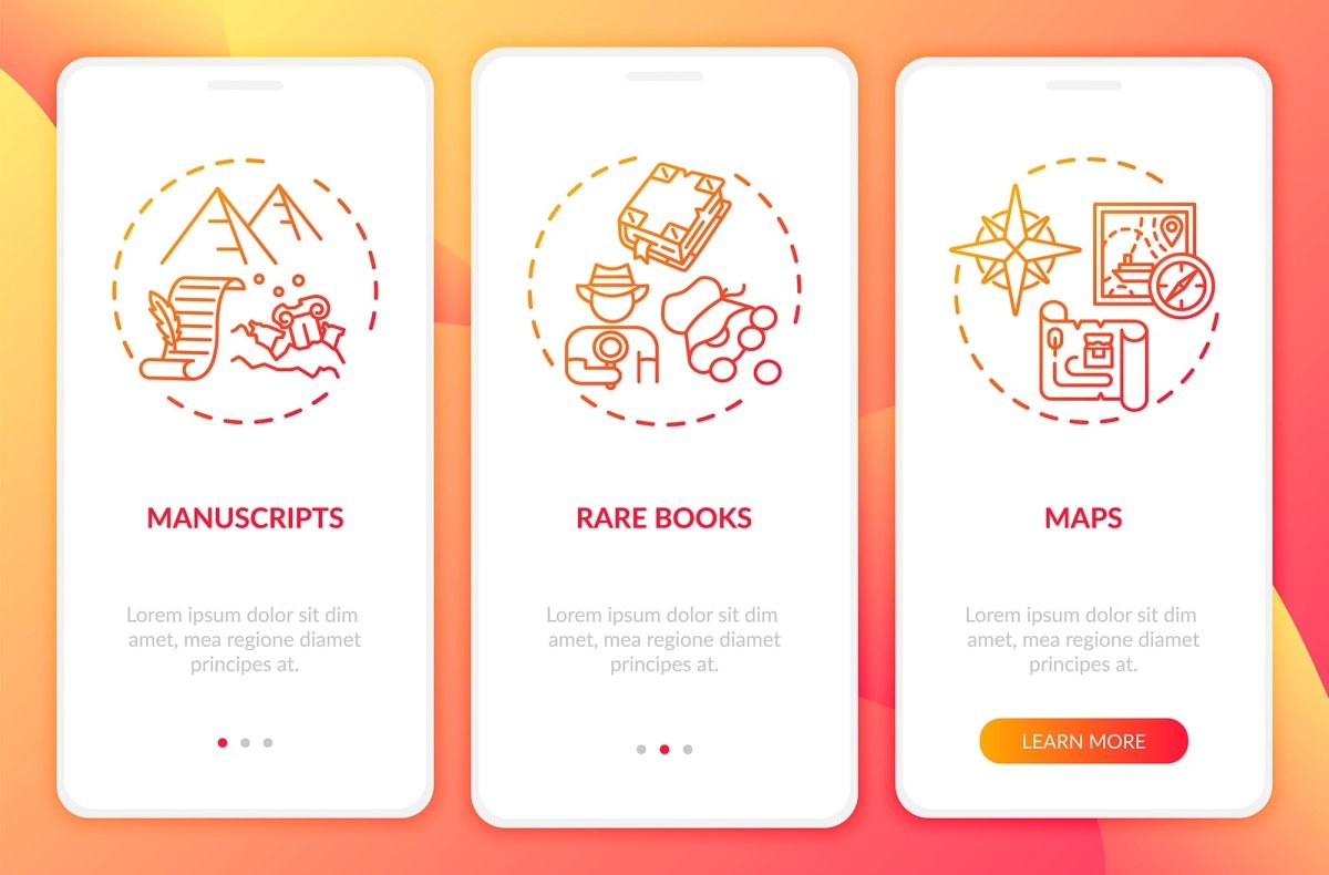 Online library onboarding mobile app page screen bundle