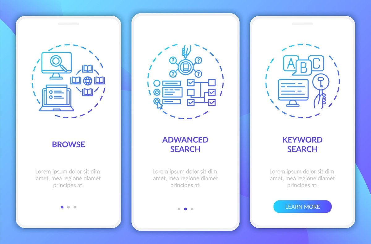 Online library onboarding mobile app page screen bundle