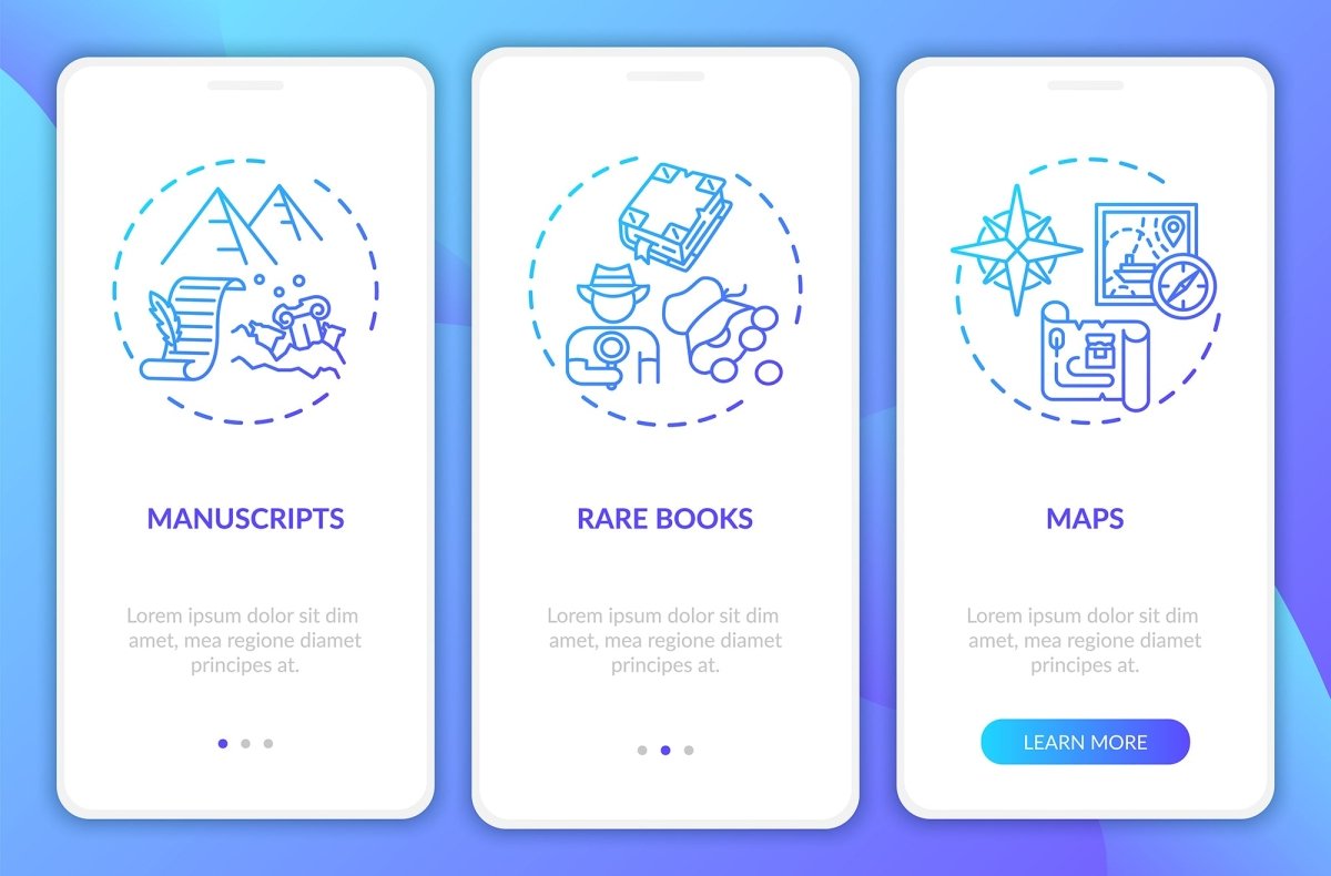 Online library onboarding mobile app page screen bundle