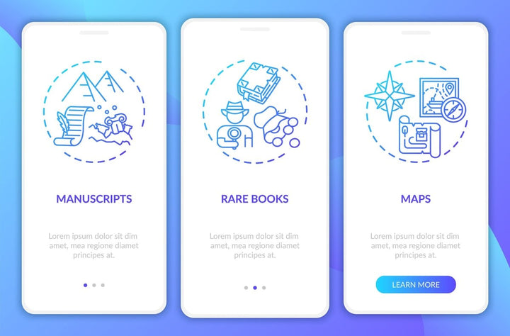Online library onboarding mobile app page screen bundle