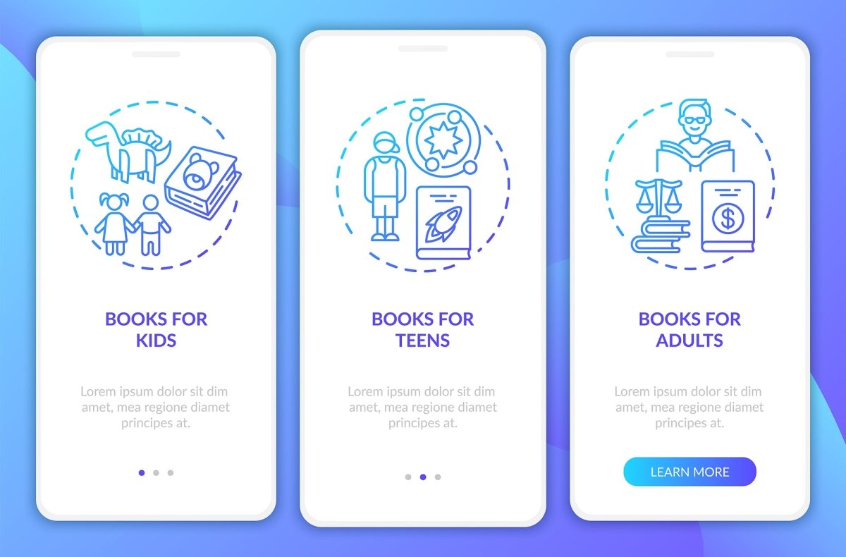 Online library onboarding mobile app page screen bundle